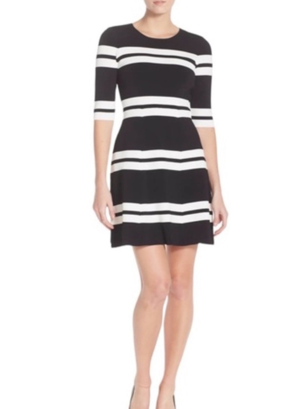 NWT Eliza J Stripe Stretch Knit Fit & Flare Dress Elbow Sleeve Black Stripes